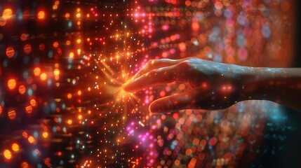  Hand touching a spinning data flow, data flow processing visualization background 
