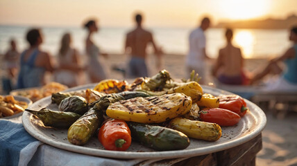 Barbecue grill on the beach with grilled vegetable shashliks. Summer barbecue beach party, outdoor cooking, summer cookout with friends	