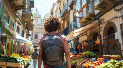 CurlyHaired Traveler Explores Colorful Market Street in Historic Setting Vibrant Produce Stalls and Lively Atmosphere Captured in Sunlit Scene