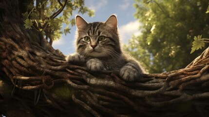 Curious Cat Resting on Tree Branch.