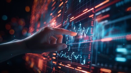 FutureFocused Financial Analysis Hand Pointing at Glowing Holographic Chart with Candlestick Patterns and Trend Lines Technology Innovation DecisionMaking
