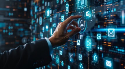 Futuristic Business Professional Engaging with Holographic Digital Interface Cloud Computing Email Data Analytics System Settings Icons in Dark Office Setting