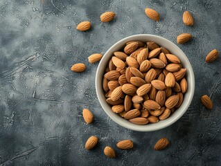 Top view of a bowl filled with almonds on a textured dark background, showcasing healthy nuts ideal for snacks and cooking.
