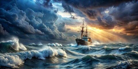 Obraz premium Sailing Through the Storm, Dramatic Sunset Seascape, Ship, Waves, Clouds, Ocean, Light Rays