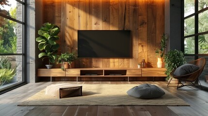 Modern Living Room with Wooden Wall and Large TV