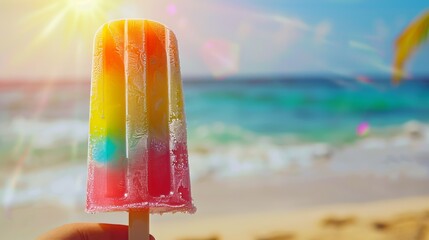 SunKissed Popsicle Delight Vibrant MultiColored Treat on Tropical Beach Background with Ice Crystals Perfect for Summer Fun and Refreshment