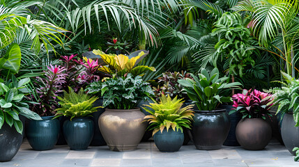 Fototapeta premium tropical plants in pots for non-tropical climates. portable tropical garden, climate-resilient gardening