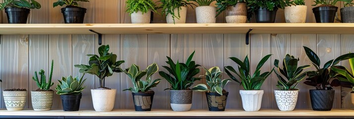potted plants on shelf in home and garden store. 