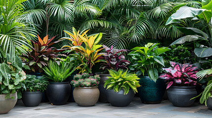 Fototapeta premium Tropical container garden: seasonal gardening flexibility, vibrant tropical foliage