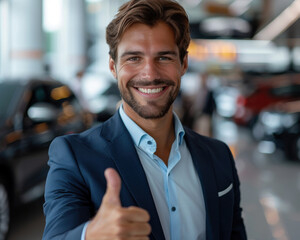 Car dealer showing thumbs up after selling a car
