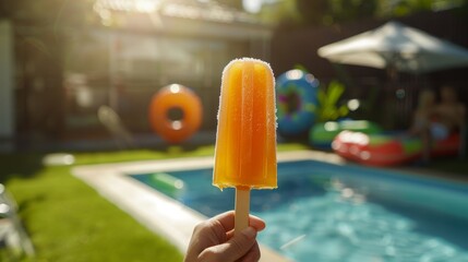 SunKissed Summer Delight Hand holding vibrant orange popsicle with ice crystals in sunny backyard with pool toys and green grass refreshing vibrant fun