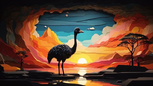 カラフルな夕焼けに浮かぶダチョウのシルエットデザイン ユニークな映像