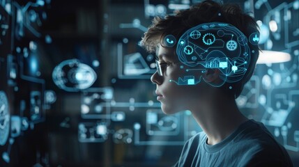 FutureForward Education Student Immersed in Holographic Learning Interface with TechSavvy Ambiance Icons for Videos Books Knowledge Gears and Math Formulas