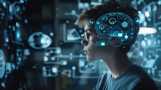 FutureForward Education Student Immersed in Holographic Learning Interface with TechSavvy Ambiance Icons for Videos Books Knowledge Gears and Math Formulas - Powered by Adobe