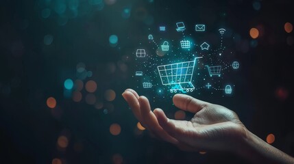 Future of Online Shopping Holographic Cart with Ecommerce Icons on Dark Background