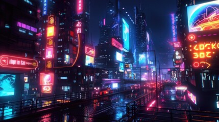 Fototapeta premium A futuristic cityscape at night, illuminated by neon lights and holographic advertisements.