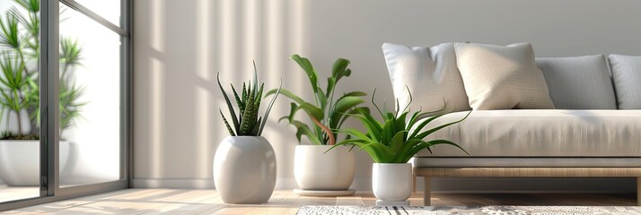 living room with potted aloe vera plants,