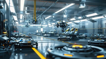 A futuristic factory producing advanced robots and drones.