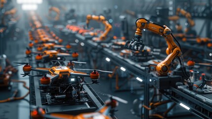 A futuristic factory producing advanced robotics and drones.