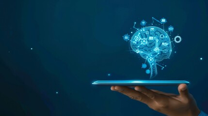 Digital Innovation Hand with Glowing AI Icon on Tablet Futuristic Technology Concept in Deep Blue Gradient Background