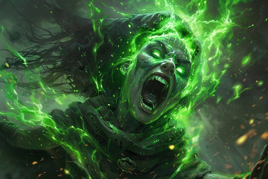 Enchanting Witch of the Emerald Woodlands - Stunning Fantasy Art of Roaring Witch Casting Green Druid Spells