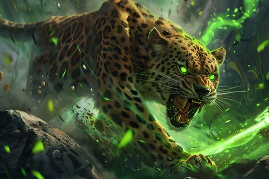 Enigmatic Leopard Spirit: Mystical Fantasy Art with Green Druid Magic