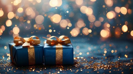 Golden Holiday Surprises Festive Blue Gift Boxes with Shimmering Ribbons in Dreamy Bokeh Background