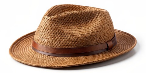 Straw Fedora Hat with Leather Band, White Background, Summer , Hat, Straw, Fedora, Fashion