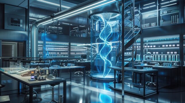 A futuristic laboratory with a focus on genetic research and cloning technology.