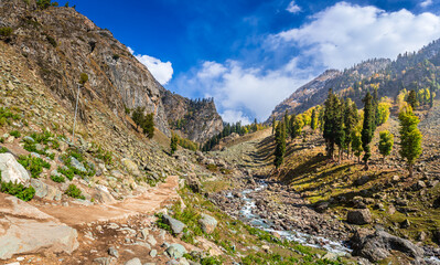 Serene Landscape of Chandanwadi near Phalgam town in Anantnag district of Jammu and Kashmir, India. Chandanwadi is starting point Amarnath holy cave pilgrimage and popular tourist destination.