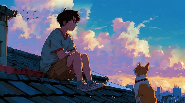 Lofi Loop Animation Serene Rooftop Sunset with Boy and Dog for Relaxation and Chill Vibes