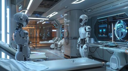 A futuristic medical facility with advanced healing technologies and robotic assistants.