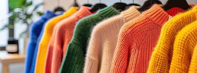 colorful fall sweaters hanging on clothing rack in modern clothing store, 