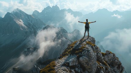 Peak Triumph Adventurous Hiker Conquering Majestic Mountains with Arms Outstretched in Dramatic Light and Misty Atmosphere
