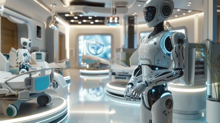 A futuristic medical facility with advanced healing technologies and robotic assistants.