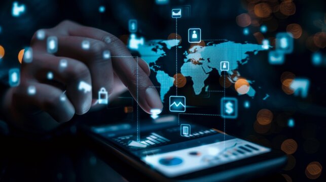 Digital Currency Connection Smartphone User Surrounded by Global Financial Icons and World Map on Dark Background