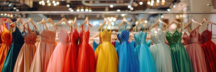 colorful homecoming prom gowns hanging on clothing rack in modern clothing store