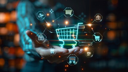 Digital Shopping Revolution Futuristic Holographic Cart with Ecommerce Icons on Dark Background