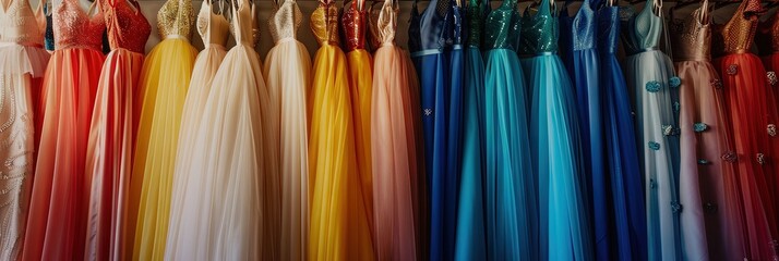 colorful homecoming prom gowns hanging on clothing rack in modern clothing store