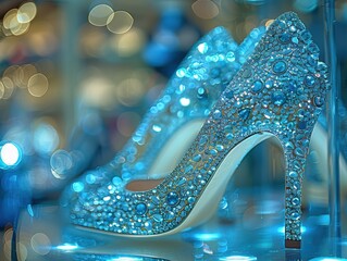 Elegant blue high heels adorned with shimmering crystals on display