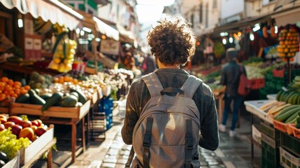 CurlyHaired Wanderlust Young Traveler Explores Bustling Market Street Filled with Fresh Produce and Old World Charm