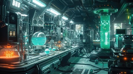 Fototapeta premium A futuristic research lab filled with advanced scientific equipment and strange, glowing substances.