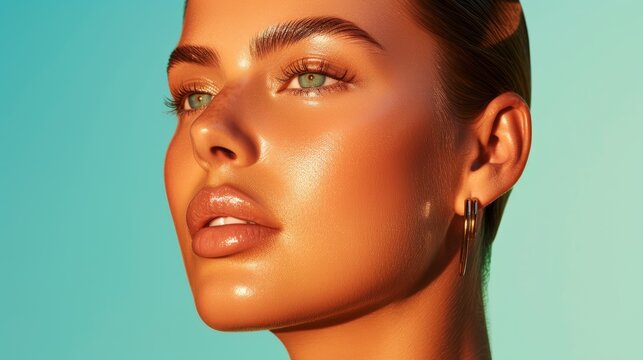 A beauty model with glowing skin, her hair styled in a sleek, simple updo, high-resolution photo, realistic photo, hyper realistic