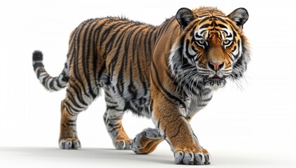 Obraz premium Striped Tiger Walking on White Background
