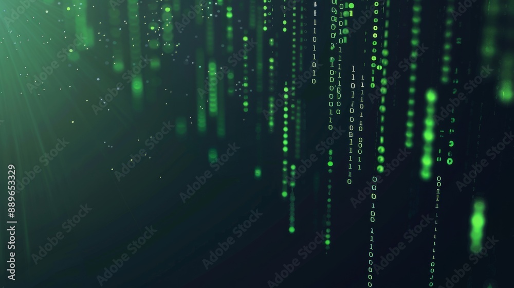 Aufkleber Abstract digital background with green binary code falling down against a dark background.