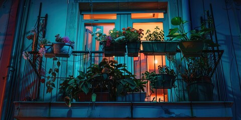 balcony with potted neon pothos plants,