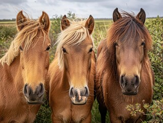 Three brown horses with lush manes standing close together in a natural landscape. The horses appear curious and attentive.