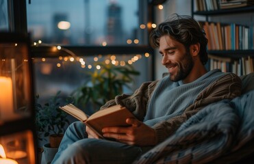 Obraz premium Happy young man reading a book on the sofa, smiling and relaxing in a modern living room