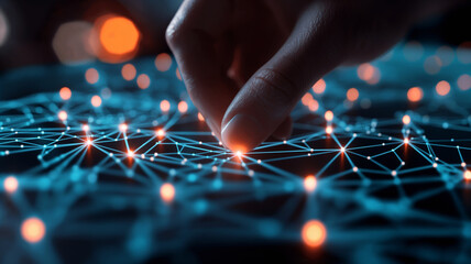 Naklejka premium Fingers connecting nodes in a glowing digital network