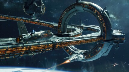 Obraz premium A futuristic spacecraft docking at a massive, ring-shaped space station.